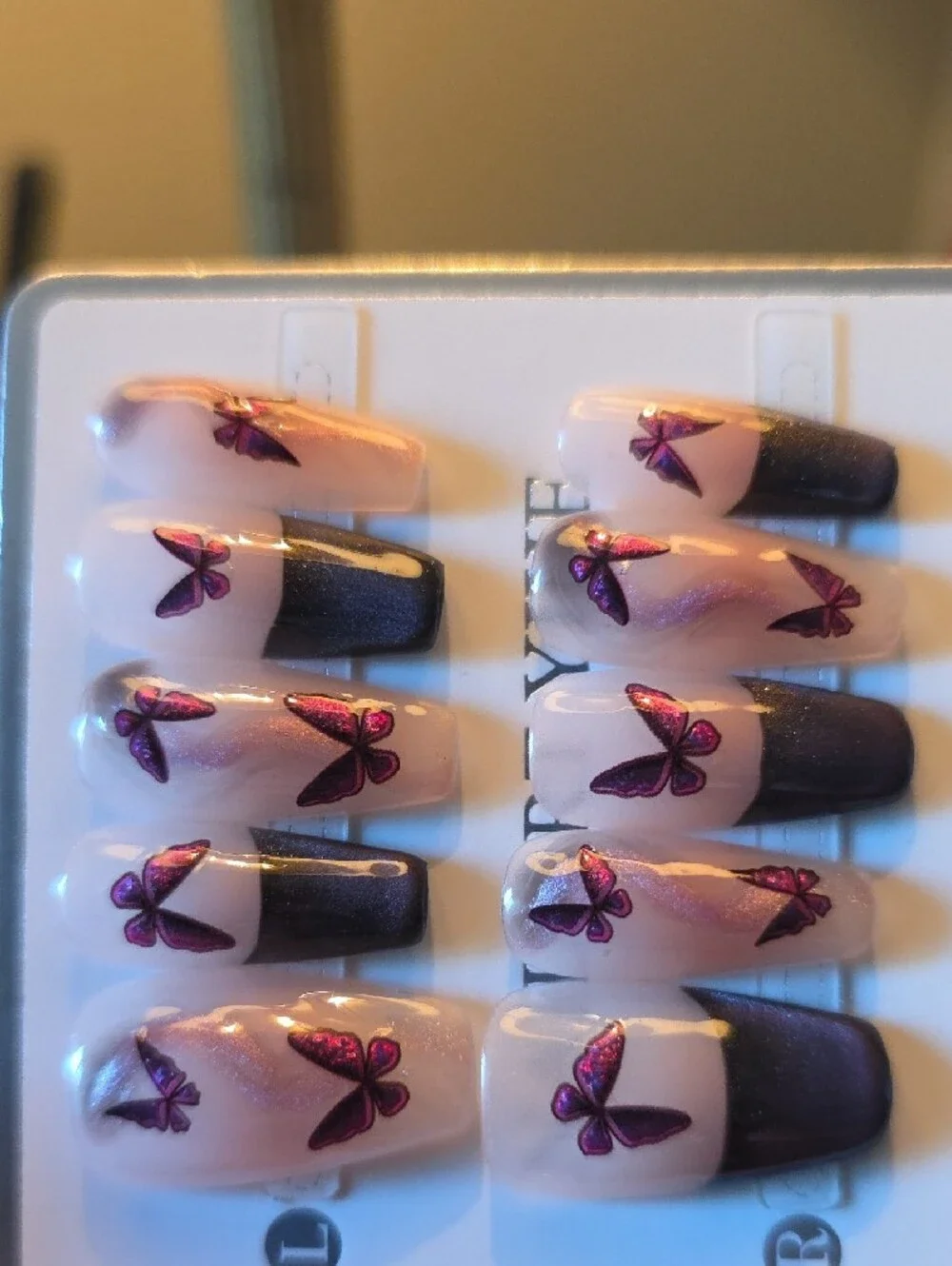 Purple Butterfly Press-On Nails - Nude & Purple Glitter French Tips Size Large